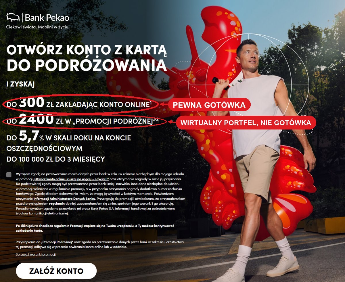 Nagłówek promocji na stronie banku. Zaznaczyliśmy, która kwota jest pewna, a która to wirtualny portfel.